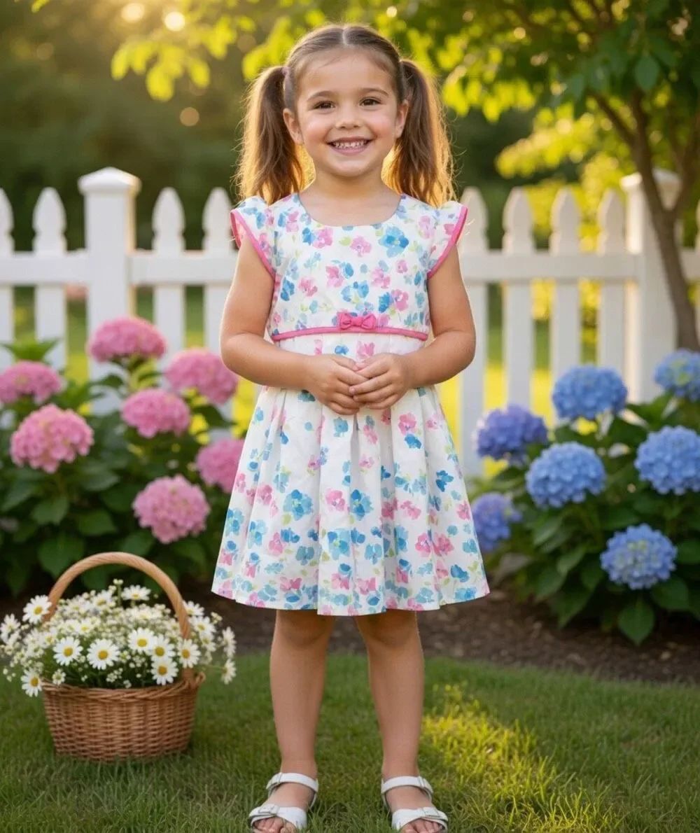 GIRLS JONA MICHELLE DRESS 4T - WHITE WITH PINK AND TURQUOISE FLOWERS